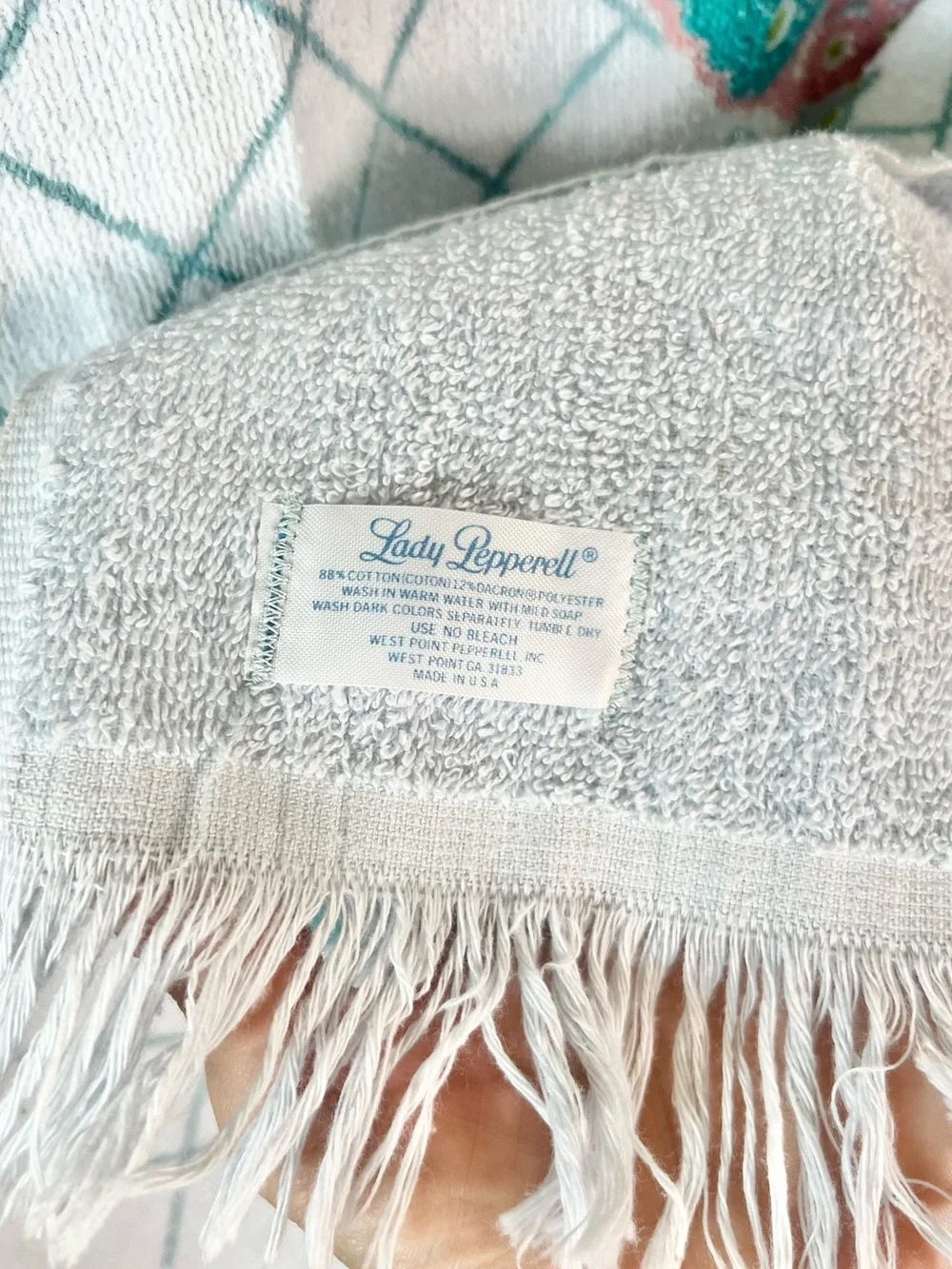 Vintage 70s Lady Pepperell Blue Butterfly Bath Towel Fringed Boho MCM